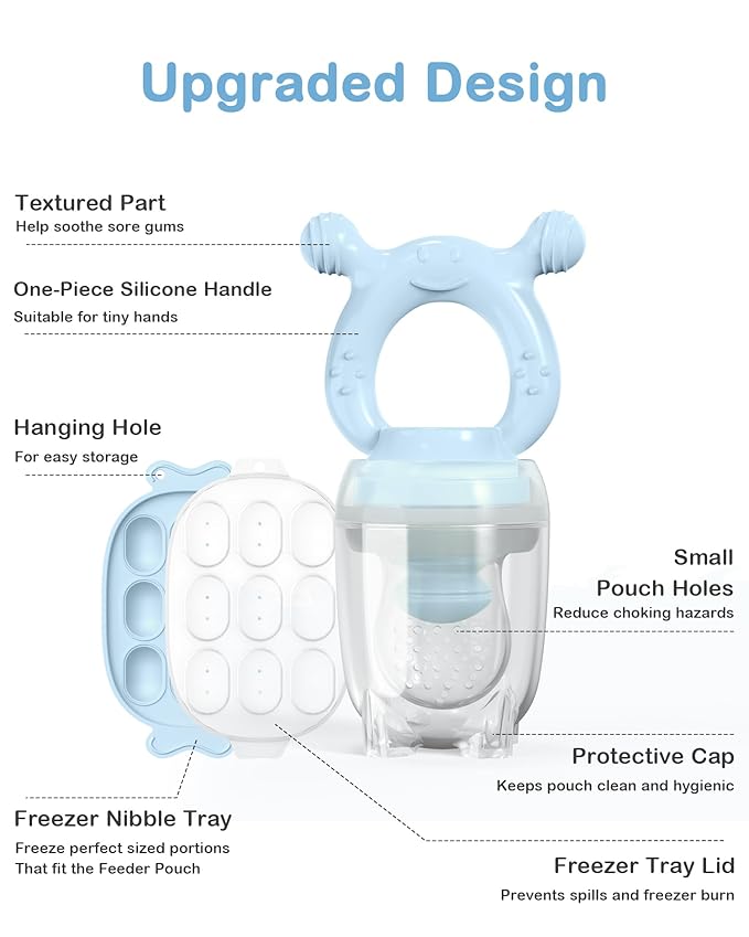 Silicone Baby Fruit Feeder with Freezer Nibble Tray Combo, Baby Teethers, Breastmilk Popsicle Molds for Teething Relief, BPA Free Fresh Food Feeder for Safe Infant Self Feeding (Sky Blue)