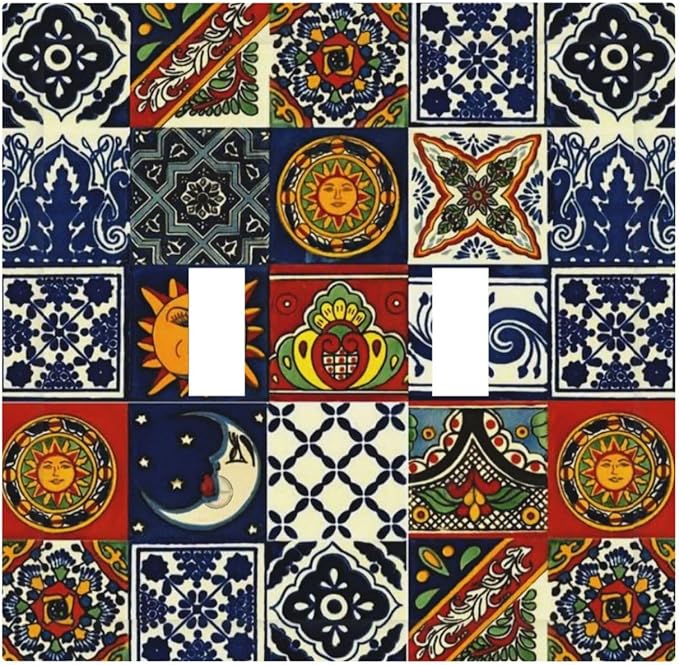 Mystic Aesthetic Boho Sun and Moon Mexican Talavera Tile Double Toggle Wall Plate Mysterious Hippy Kitchen Mosaic Decorative 2-Gang Light Switch Cover Electrical Receptacle Outlet Face Plate Cover