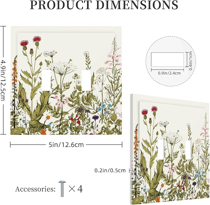 Colorful Boho Vintage Wildflower Rustic Flowers Floral Decorative 2 Gang Light Switch Cover Country Bloom Border Electrical Dual Device Double Toggle Outlet Switch Face Wall Plate Cover for Dimmer