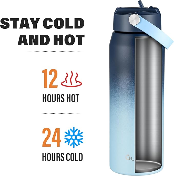 Oldley 24oz Insulated Water Bottle with Straw, Stainless Steel Water Bottle for Sports, Travel, School, BPA-Free Sports Bottles for Adult Kids, Leak-Proof, Blue Gradient