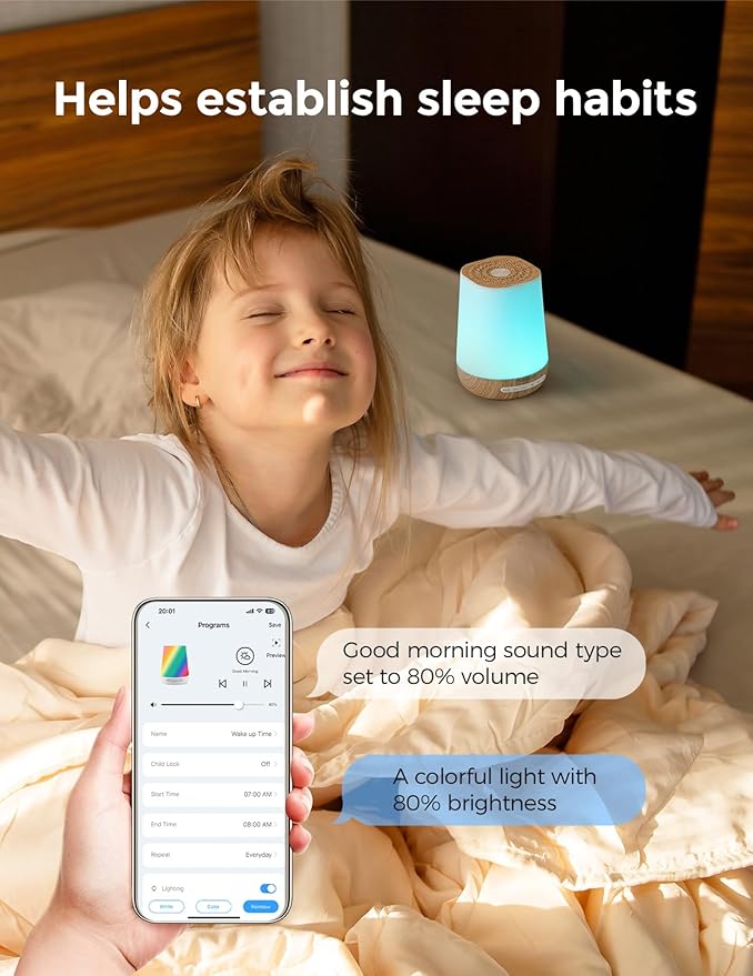 Baby Sound Machine, Momcozy White Noise Machine for Baby Sleeping with Night Light, Toddler Sleep Trainer with 34 Soothing Sounds, Timer, App Remote Control, Personal Sleep Routine(Wood Grain)