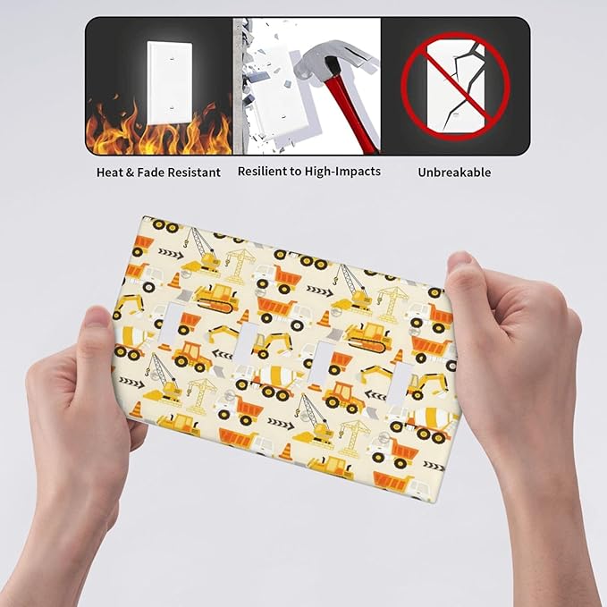 Decorative Light Switch Cover Plate Construction Vehicle Yellow Trucks Diggers 4 Gang Wall Plates for Electrical Quad Toggle Switch Plate Covers Outlet Covers Faceplate for Home Decor