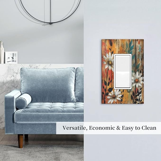 Light Switch Cover Plate Vintage Wooden Daisies Butterflies Floral 1 Gang Outlet Covers Single Rocker Decorative Switch plates Electrical Wall Plates GFCI Receptacle for Bathroom Farmhouse