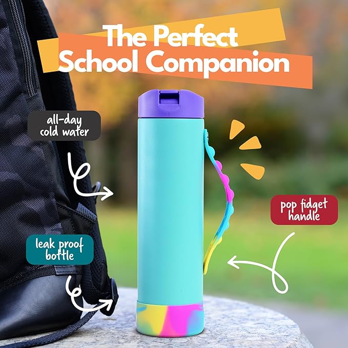 Elemental Iconic Water Bottle for School - 100% Leak-Proof Insulated Water Bottles with Straw Lid & Pop-It Handle - Triple-Wall Insulated & BPA-Free, 20oz – Blue Tie Dye