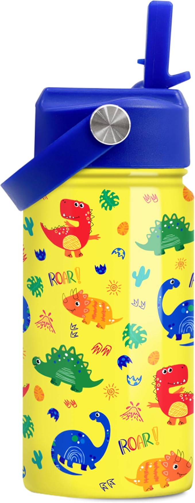 Dinosaur Kids Water Bottle - 12 Oz Insulated Stainless Steel - Straw Lid for Toddlers & Kids - School & Sports Travel Cup