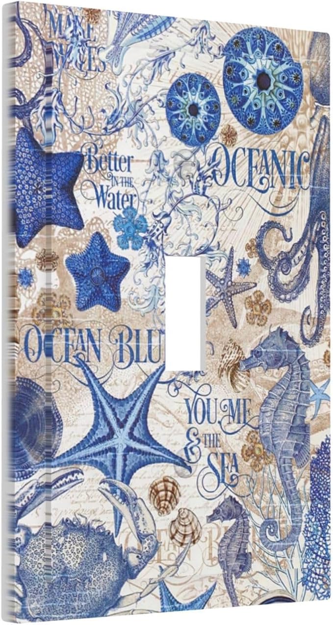 Decorative Light Switch Cover Vintage Sea Blue Seahorse Starfish Octopus 1 Gang Single Toggle Device Electrical Faceplate Switchplates Decorator Outlet Wall Plate For Kids Room Home Decor