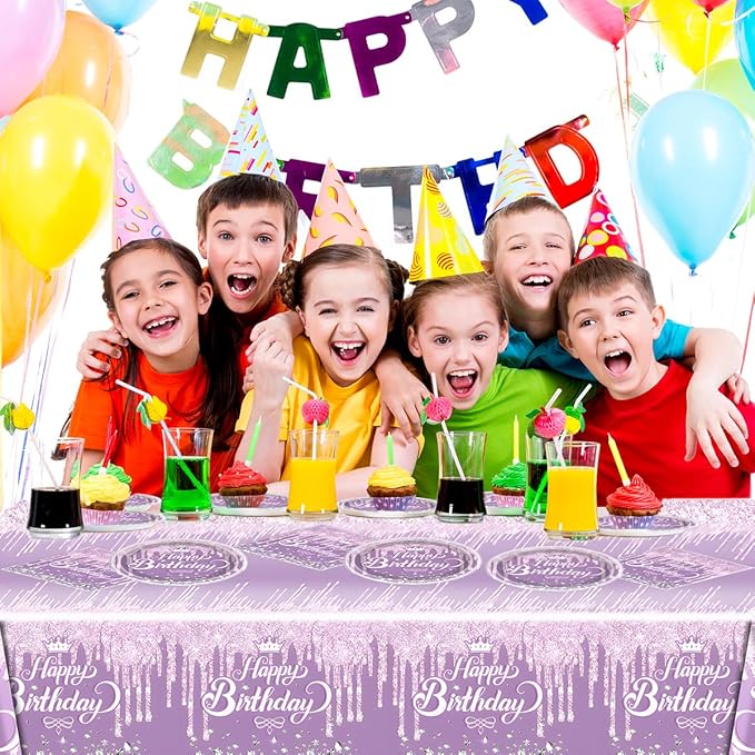 Purple Party Tableware set, Purple Happy Birthday Theme 20 Plates and 20 Napkins and Tablecloths 71 '' x 42 '' for Girls Women Silver Glitter Birthday Party Supplies