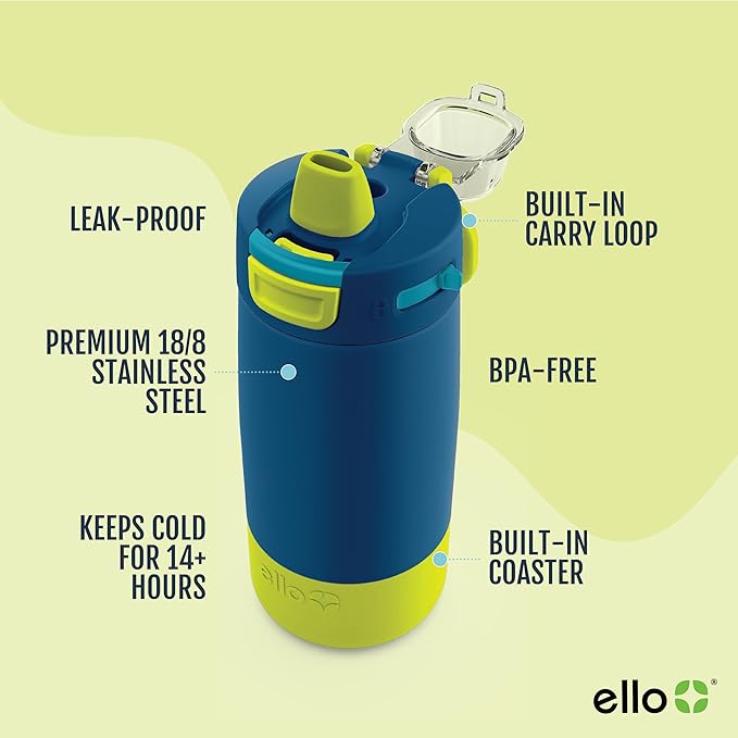 Ello Kids Colby 12oz Stainless Steel Insulated Water Bottle with Straw and Built-In Silicone Coaster Carrying Handle and Leak-Proof Locking Lid for School Backpack, Lunchbox, and Outdoor Sports