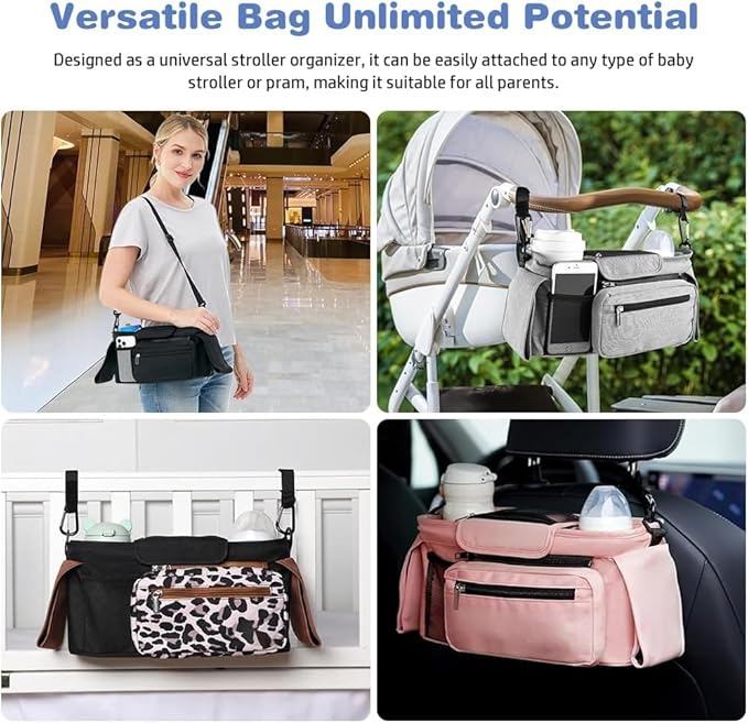Baby Stroller Organizer, Universal Stroller Organizer with Detachable Phone Bag, Stroller Caddy with 2 Insulated Cup Holders, Buggy Organizer Bag with 2 Hooks Fits Most Strollers (White)