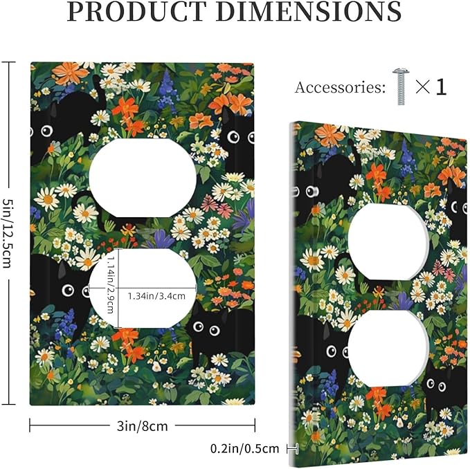 Funny Cartoon Cute Kid Black Cats 1 Gang Duplex Wall Plate Receptacle Outlet Covers Boho Aesthetic Green Floral Flower Forest Decorative Electrical Dual Device Light Switch Plug Socket Faceplate Cover