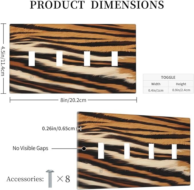 Tiger Texture Wild Animal Skin Pattern Print Light Switch Covers Quad Toggle Electrical Faceplate 4 Gang Wall Plate Decorative Switch Plates Cover for Kids Room Office Decor