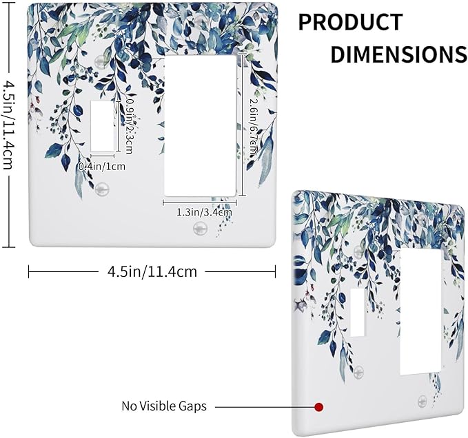 Blue Eucalyptus Watercolor Leaves 2 Gang Single Toggle Rocker Combination Light Switch Cover Green Plant Decorative Wall Plate Cover Electrical Faceplate for Bathroom Bedroom Kitchen Decorate
