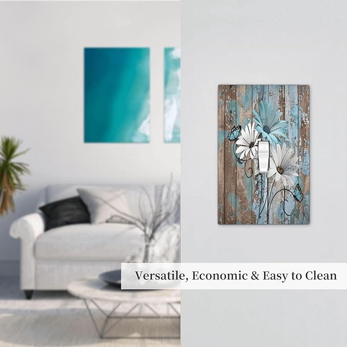 Decorative Light Switch Cover Rustic Flower Teal Turquoise Daisy Butterfly 1 Gang Single Toggle Device Electrical Faceplate Switchplates Decorator Outlet Wall Plate For Farmhouse Cabin