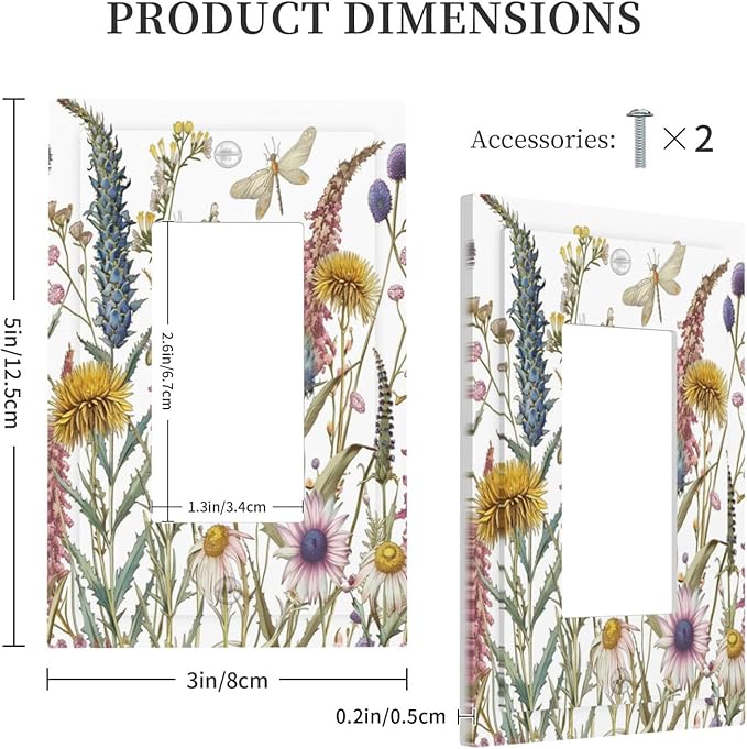 Light Switch Cover Plate Botanical Wildflowers Dragonfly Colorful Floral 1 Gang Outlet Covers Single Rocker Decorative Switch plates Electrical Wall Plates GFCI Receptacle for Bathroom Bedroom