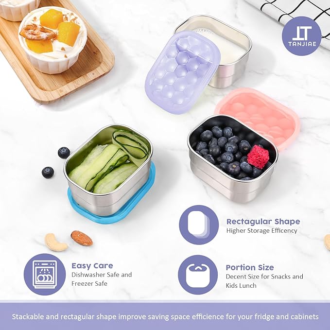Tanjiae Snack Pro - Small (1 CUP) Stainless Steel Snack Containers for Kids | Easy Open Leak Proof Food Containers with Silicone Lids - Perfect Metal Toddler Lunch Box for Daycare and School (8oz*3)