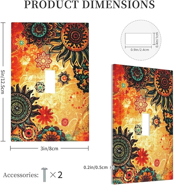 Red Orange Boho Bohemian Flower Floral Single Toggle Light Switch Plate Outlet Cover Decorative One Device Wall Plate 1-Gang Electrical Switch Faceplate