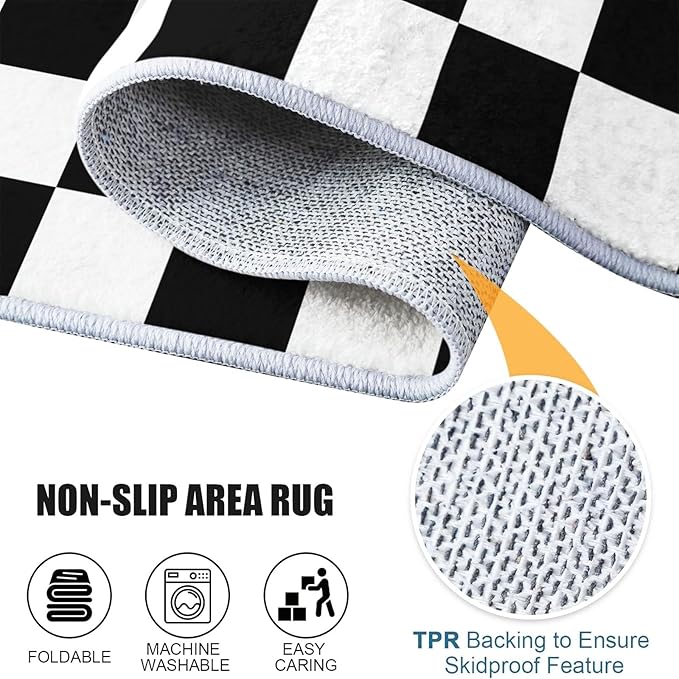 Area Rug Geometric Black and White Checkered Living Room Non-Slip Carpet, 3 x 4 ft Floormat Carpet, Black and White Soft Low-Pile Washable Large Area Rugs for Bedroom Dining Room Kitchen Mat