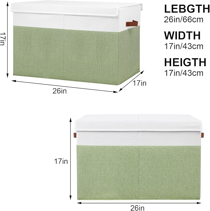 Gowee Large Toy Storage Box with Lid, Sturdy Toys Storage Chest Bin Organizer Basket with Dividers for Kids, Boys, Girls, Nursery, Closet, Bedroom, Playroom 26"x17" x17" (Green and White)