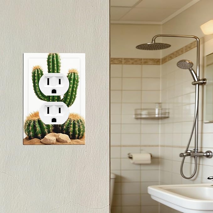 Boho Cactus Garden Duplex Wall Plate - 1-Gang Standard US Size Minimalist Desert Landscape Design Outlet Covers for Bedroom Bathroom Living Room Decor