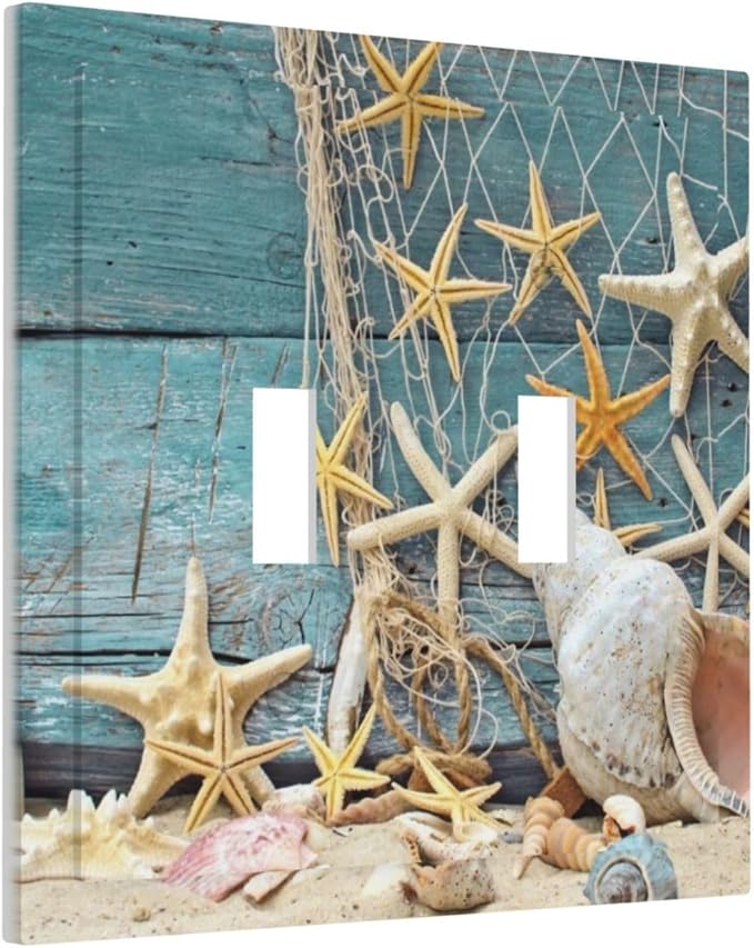 Coastal Nautical Seashell Turquoise Wooden Board Sand Blue Wood Planks Starfish Double Toggle Light Switch Cover 2-Gang Electrical Wall Plate Jumbo Size Receptacle Outlet Cover Faceplate Switchplate