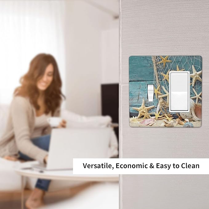 Nautical Beach Starfish Teal Wood 2 Gang Single Toggle/Rocker Combination Light Switch Cover Decorative Wall Plate Cover Electrical Faceplate Art Oil Painting Decor