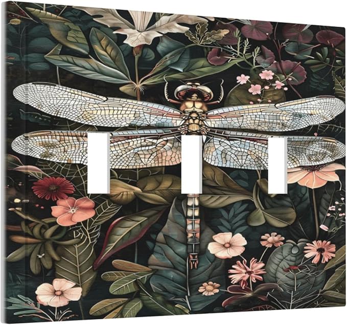 Vintage Dark Green Dragonfly Flowers Floral Botanical Decorative Switch Plates 3 Gang Wall Plate Triple Toggle Light Switch Cover Faceplate Electrical Wall Panels for Farmhouse Home Decor