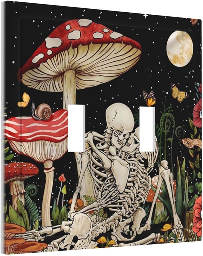 Mushroom Skull Skeleton Moon 2 Gang Double Toggle faceplate Decorative Light Switch Cover Star Plants Flora Electrical Switchplate Faceplate for Kitchen Bedroom Bathroom Standard Size