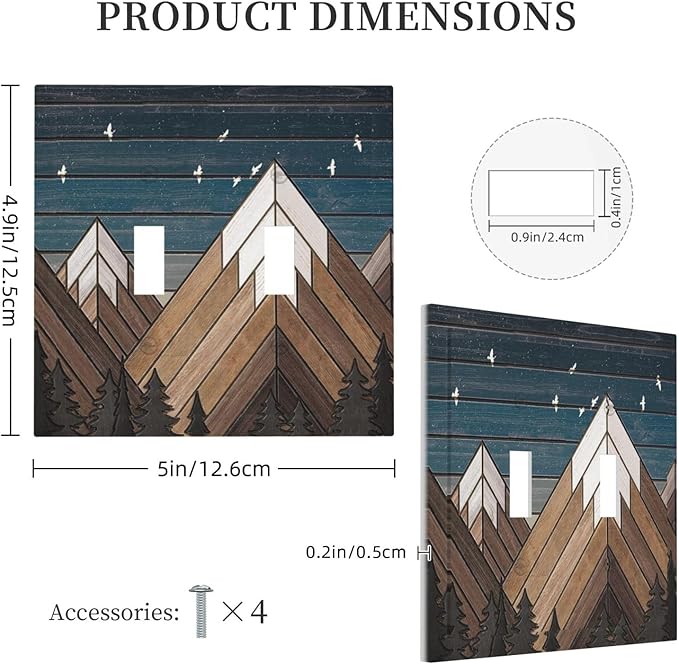 Rustic Geometric Mountain Wilderness Wood 2 Gang Light Switch Cover Plate Double Toggle Wall Plate Decorative Outlet Cover Electrical Faceplate Switchplate for Bedroom Bathroom Kitchen Decor