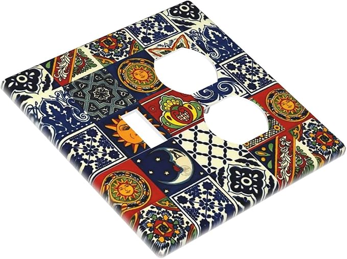 Mystic Boho Blue/Red Hippie Sun and Moon Mosaic 2-Gang 1-Toggle 1-Duplex Device Combination Wallplate Mexican Talavera Tile One Toggle Switch and One Duplex Receptacle Outlet Combo Light Switch Cover