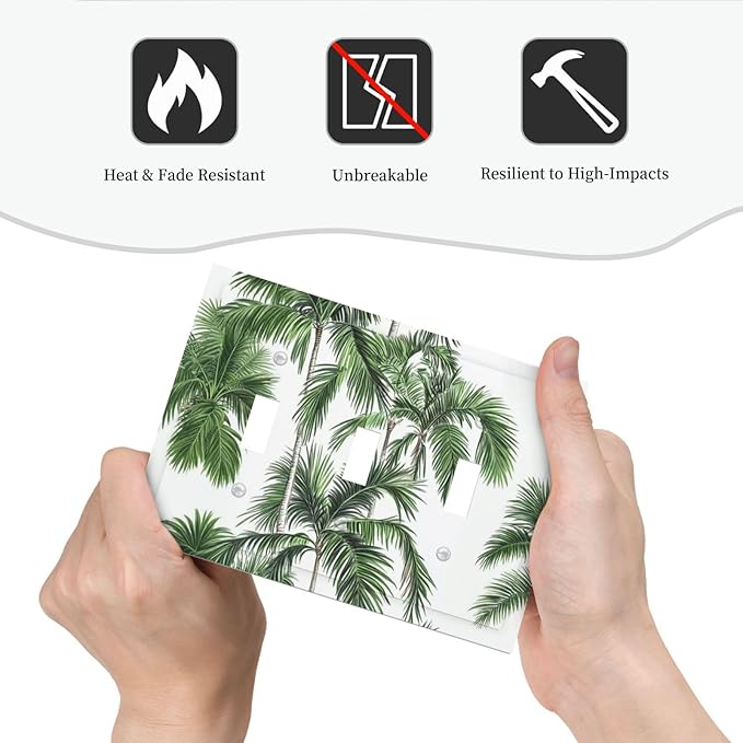 Decorative Switch Plates Palm Trees Tropical Green Plant Palm Leaf 3 Gang Wall Plate Triple Toggle Light Switch Cover Faceplate Electrical Wall Panels For Bed Room Bathroom Decor