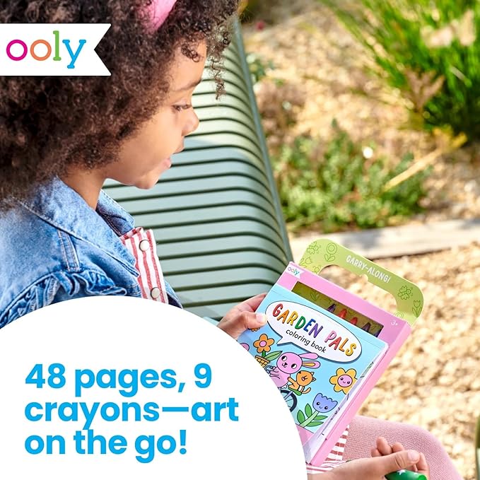 Ooly Travel Art Kit with 9 Jumbo Crayons, 48 Themed Coloring Pages & Case for Easy Traveling Art Creation, Perfect Airplane & Road Trip Activities for Kids - Garden Pals