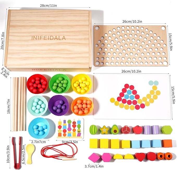 INIFEIDALA Montessori Toys for 3 4 5 Year Old, Stacking Blocks, Lacing Beads & Shape Stacker, Wooden Peg Board Beads Set, Fine Motor Skills & STEM Preschool Learning Gifts for Toddlers Boys & Girls