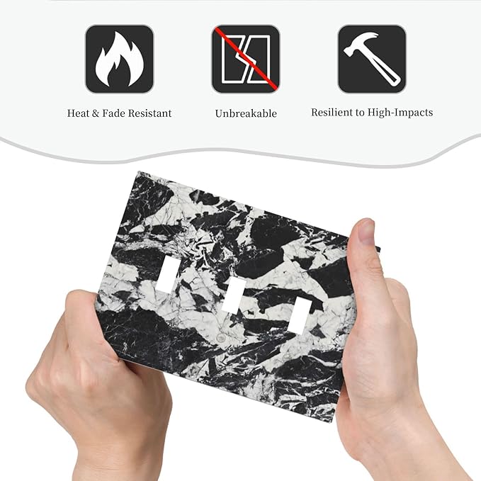 Black White Marble Abstract Luxury Decorative Switch Plates 3 Gang Wall Plate Triple Toggle Light Switch Cover Faceplate Electrical Wall Panels for Bathroom Kitchen Decor