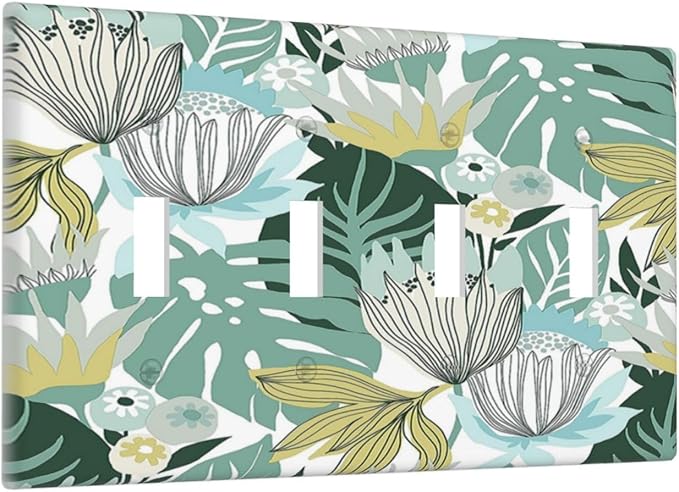 Retro Tropical Leaves 4 Gang Wall Plate Quad Toggle Light Switch Cover Decorative Outlet Covers Electrical Light Switches Faceplate for Bedroom Bathroom Kitchen Decor