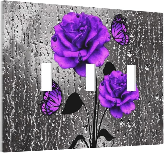 Decorative Rose Art 3 Gang Toggle Light Switch Cover, Purple/Gray Flowers Floral Butterfly Girly Romantic Blossom Triple Toggle Device Switch Face Wall Plate Electrical Decorator Outlet Cover