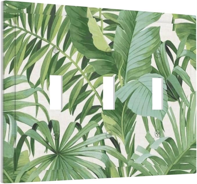 Tropical Palm Trees Leaves 3-Gang Toggle Device Switch Wall Plate Green Greenery Jungle Botanical Plant Boho Monstera Leaf Mid-Size Decorative Triple Decorator Light Switch Outlet Cover Faceplate