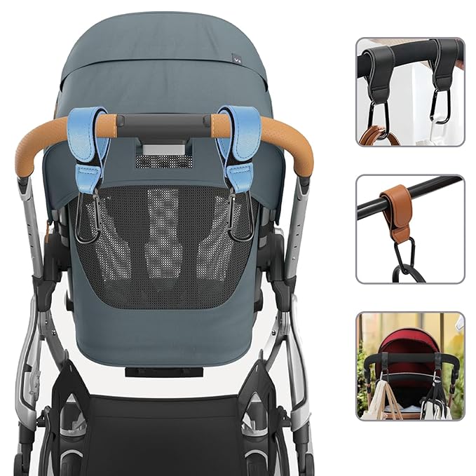 4 Pcs Leather Stroller Hook, Mommy Stroller Clip, Stroller Accessories Organizer Hook, Metal Hook for Strollers/Walkers/Mobility Scooter/Wheelchair/Rollator(Brown)
