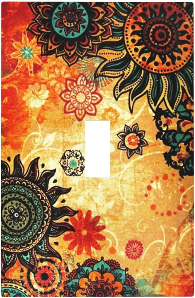 Red Orange Boho Bohemian Flower Floral Single Toggle Light Switch Plate Outlet Cover Decorative One Device Wall Plate 1-Gang Electrical Switch Faceplate