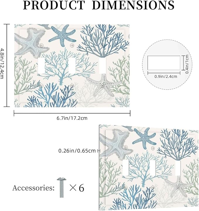 Decorative Switch Plates Ocean Beach Theme Starfish Seashell Coral 3 Gang Wall Plate Triple Toggle Light Switch Cover Faceplate Electrical Wall Panels For Bathroom Kids Room Decor