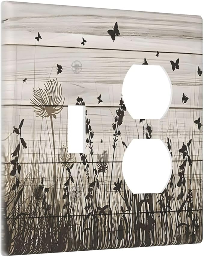 Wildflower Butterfly Grass Dandelion Vintage Wooden Print Wallplates 1 Toggle 1 Duplex Switch Plate Electrical GFCI Faceplate Decorative Light Switch Covers for Farmhouse Home Decor