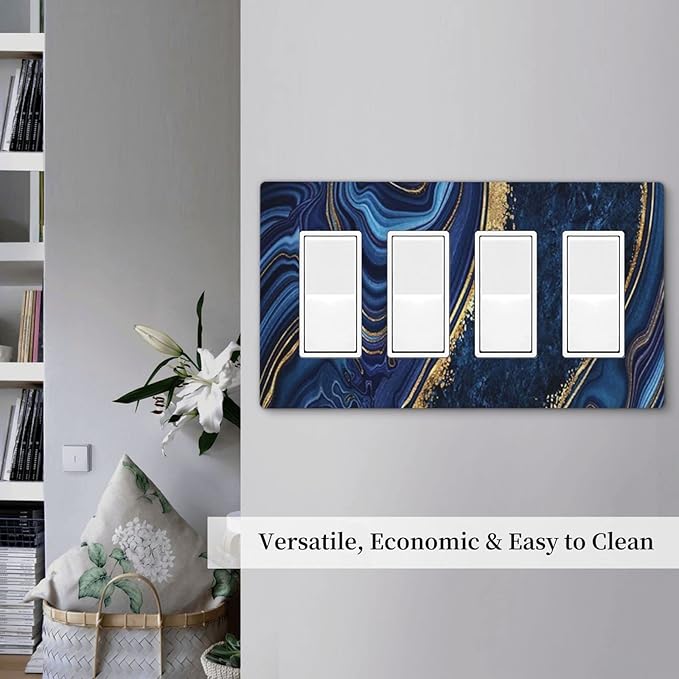 Navy Blue Marble 4 Gang Quad Rocker/Decor Light Switch Cover Plate Decorative Electrical Faceplate for Bathroom Room Decorate Jumbo Size Screwless 8.3" x 4.6