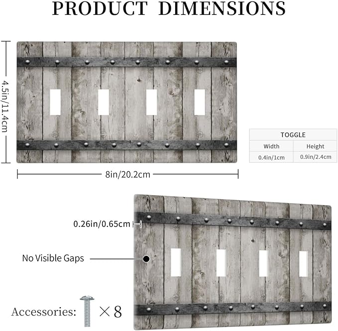 Quad Toggle Light Switch Cover 4 Gang Barn Door Vintage Farmhouse Country Decorative Switch Plates Cover for Bathroom Home Living Room Decor 8 X 4.5 In