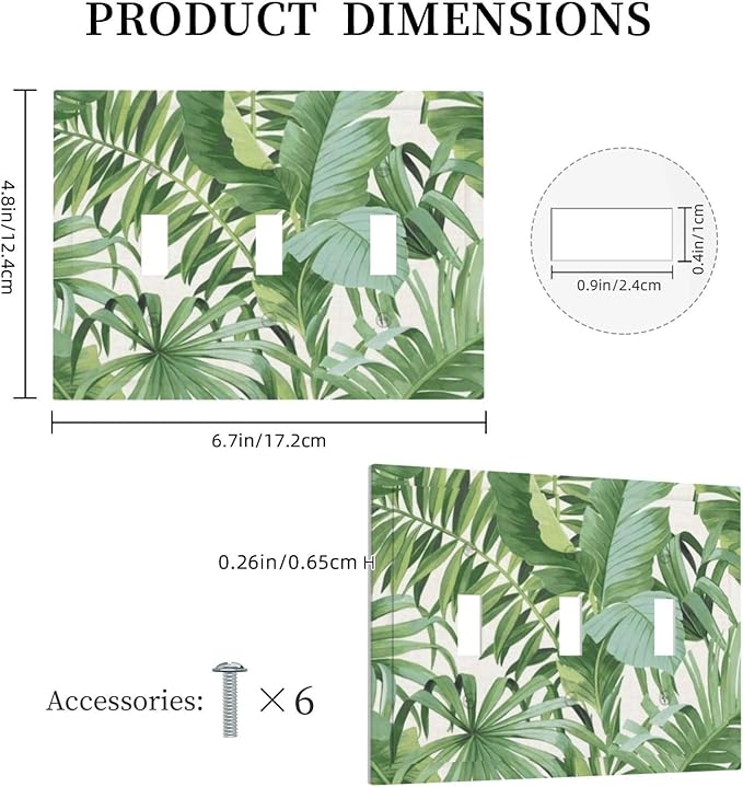 Tropical Palm Trees Leaves 3-Gang Toggle Device Switch Wall Plate Green Greenery Jungle Botanical Plant Boho Monstera Leaf Mid-Size Decorative Triple Decorator Light Switch Outlet Cover Faceplate