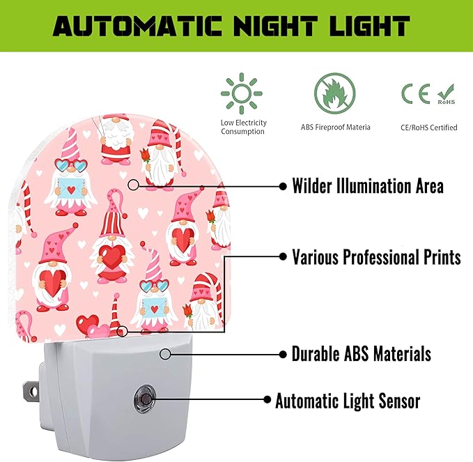 Cute Love Gnomes Night Lights,Gnomes with Red Hearts Plug in Night Light with Dusk to Dawn Sensor, 0.5w Energy Saving Nightlight for Hallway Stairway Birthday Mother's Day Gifts