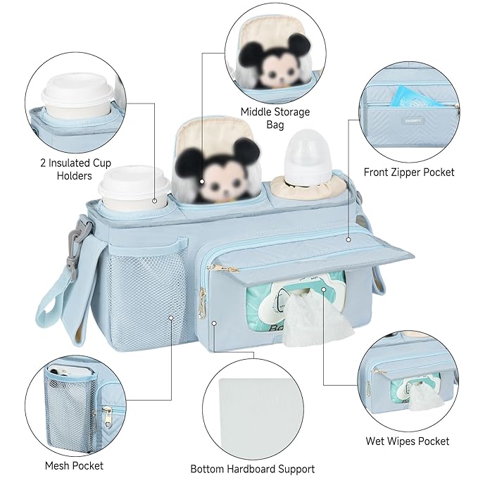 Universal Stroller Organizer with Insulated Cup Holders,Large Capacity Non-Slip Stroller Caddy Bag Fits for Uppababy/Doona/Jogger/Britax/Mompush/BoB with Anti-Sag Hard Bottom and Wet Wipes Pocket