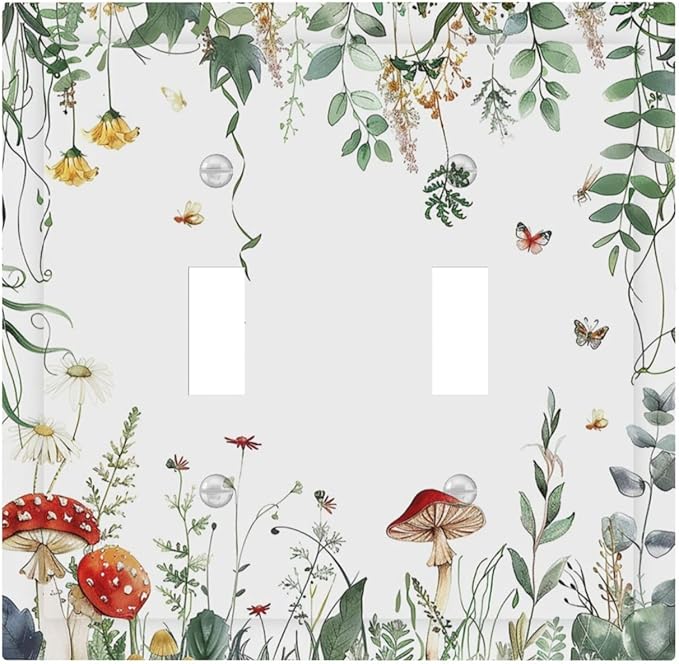 Decorative Switch Plates Sage Plant Red Mushroom Butterfly Wild Flower 2 Gang Double Toggle Outlet Light Switch Cover Wall Plate Electrical Faceplate For Bed Room Kids Room Decor