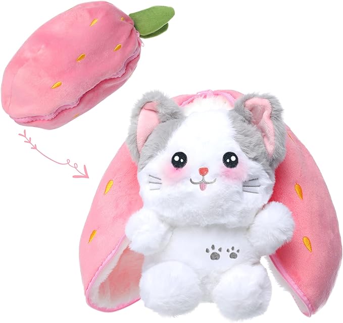 MIAODAM Easter Cat Toys, Stuffed Cat Plush, Kawaii Squishy Cute Strawberry Turn Into Cat Plush, Funny Plushies Toy for Kid & Adult (Strawberry Cat, 11.8inch)