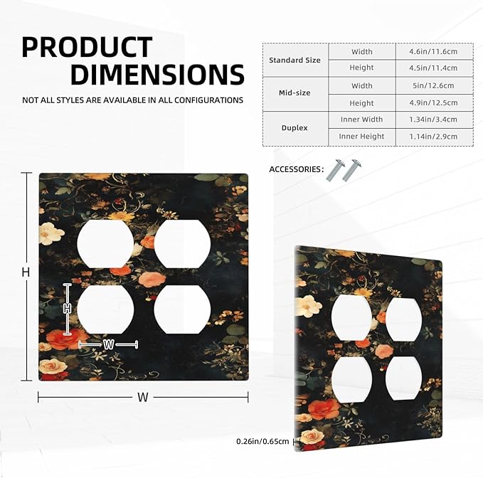 Vintage Orange Pink Black Roses Floral Flower Outlet Covers 2 Gang Double Duplex Decorative Light Switch Covers Electrical Wallplates Socket Faceplate for Farmhouse Bedroom Decor