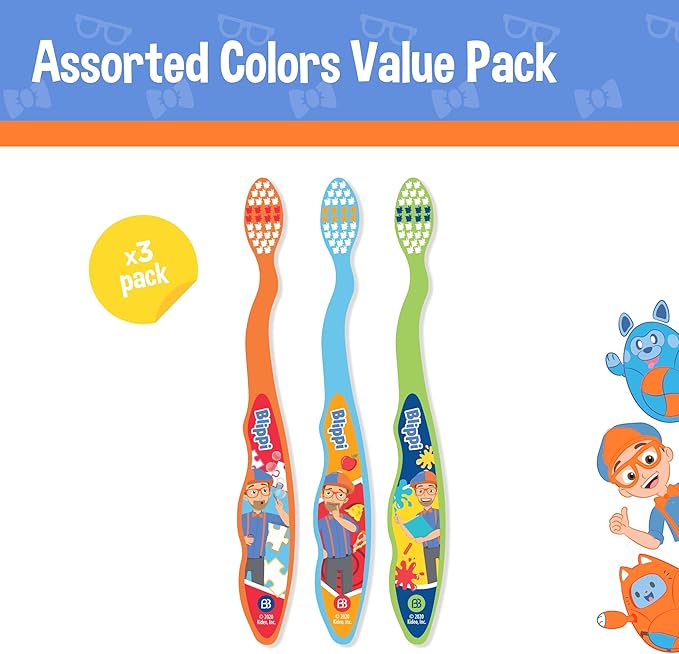 Brush Buddies Blippi Kids Toothbrushes 3 Pack, Soft Bristles for Toddlers Ages 2+, Easy Grip Handles, Blue Yellow Orange Toothbrush Set, Fun Blippi Design, Kids Oral Care