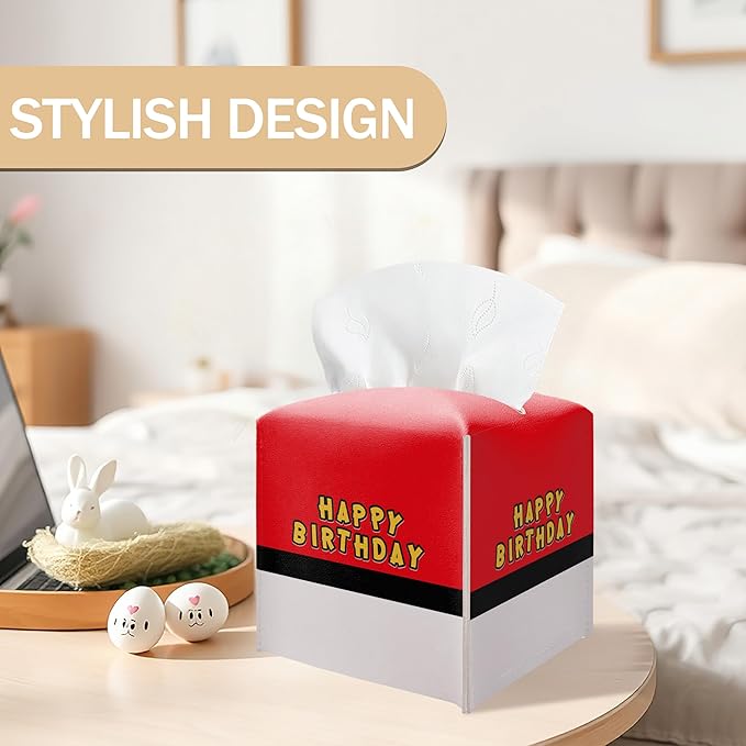 Happy Birthday Tissue Box Cover, Red and White Tissue Box Holder Square Leather Facial Paper Organizer, Themed Birthday Party Baby Shower Tableware Decorations